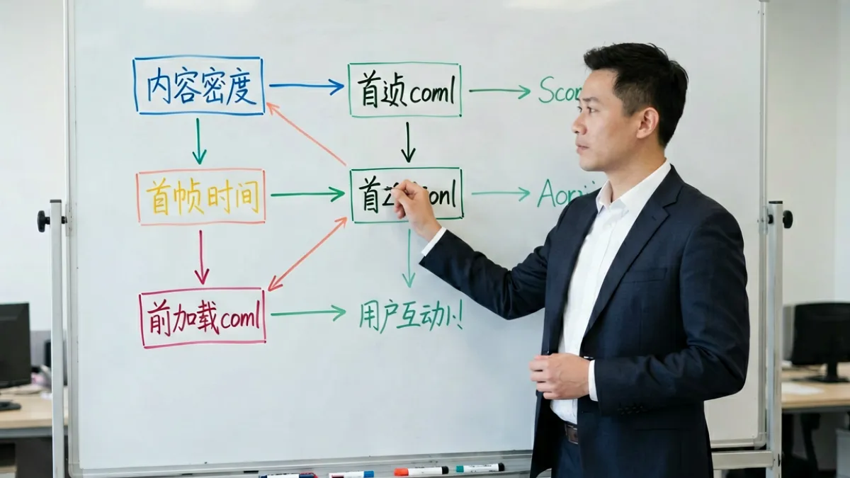 数据分析师在白板上列出视频平台评分维度，包括内容质量、加载速度和用户活跃度等指标